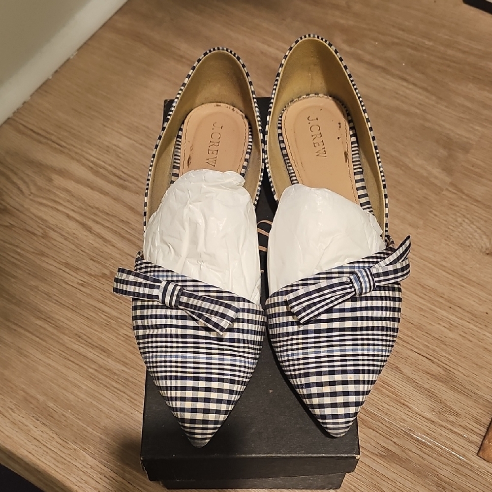 J. Crew Navy and White Gingham Bow Pointed Flats